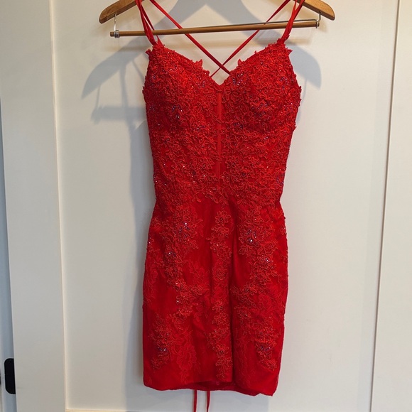 Chic Scarlet Lace Mini Dress - Picture 1 of 4